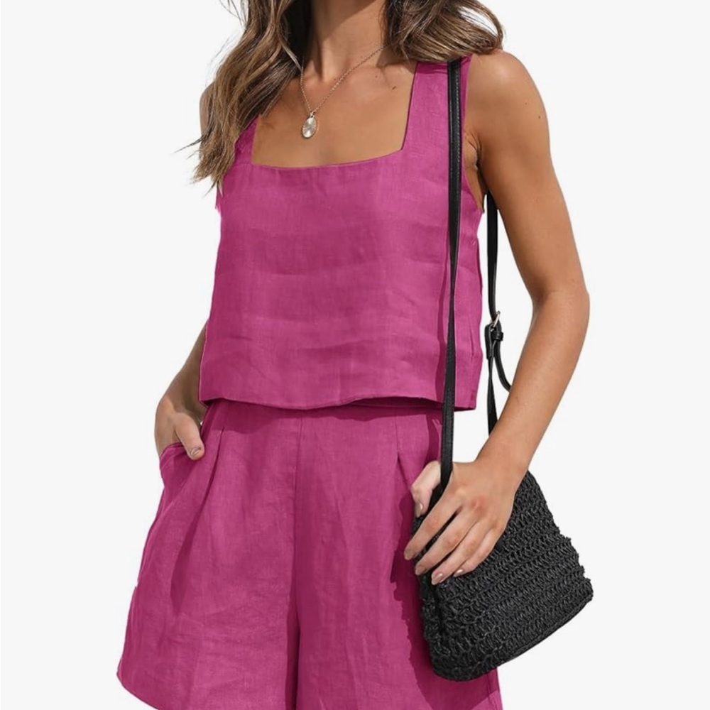 Hot Pink Linen Tank Top and Shorts Lounge Set